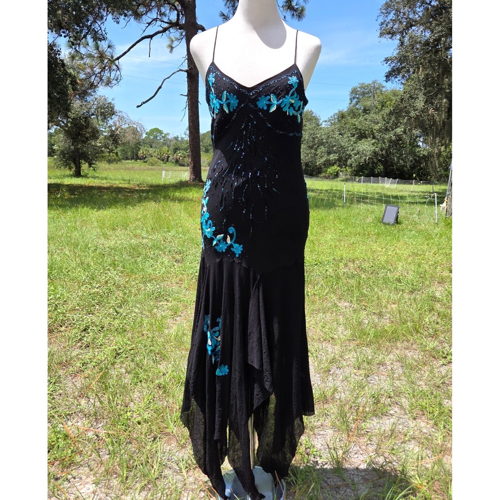 VTG Y2K Cache Silk Maxi Dress Sz 10 Beaded Embroidered Floral Whimsy Fairy Goth